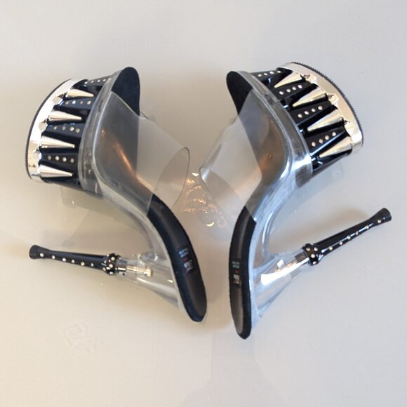 Y2K Tabu Chrome Black Shark Platform Stiletto Stripper Heels Rhinestone Studs 8 - Picture 4 of 12